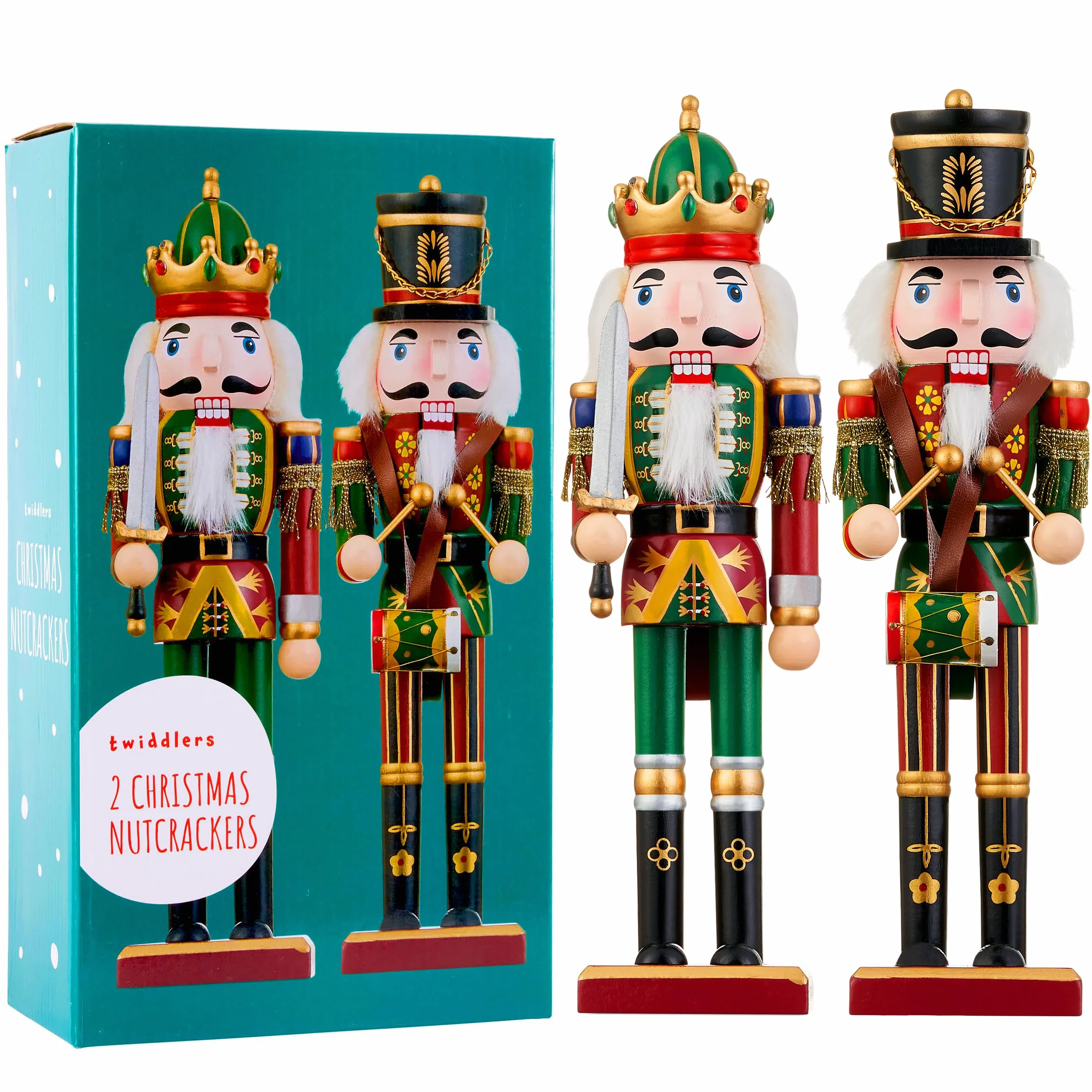 THE TWIDDLERS 2 Schiaccianoci Natale in Legno (30cm) – Soldatini Decorativi Dipinti a Mano – Set Soldato con Spada e Tamburo – Decorazione Natalizia Classica per Camino, Tavola e Mensole – Rosso e Oro