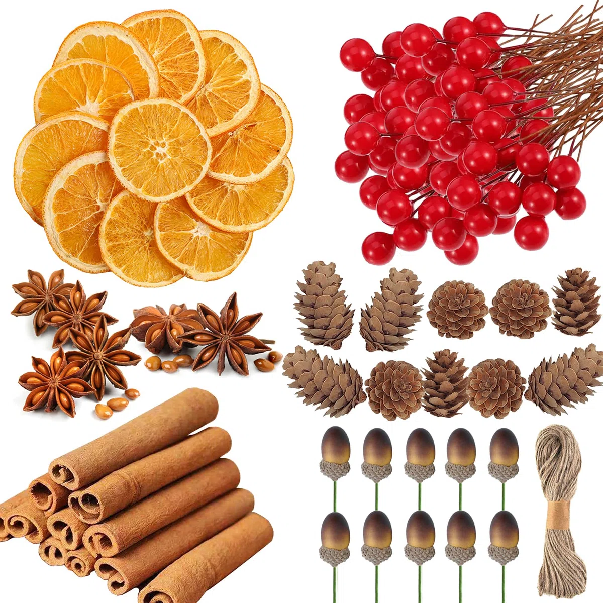 YUNSTK 225 pezzi di forniture per la produzione di ghirlande di Natale, fette di arancia essiccate e bastoncini di cannella, mini pigne kit, accessori per ghirlande floreali per decorazioni natalizie