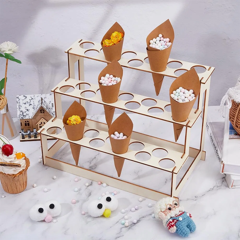 SUPERFINDINGS Set di Supporti per Coni Gelato con 2 buchi Porta Coni In Legno A 66 livelli Porta Coni per Dolci e Caramelle per Feste di Compleanno e Matrimoni