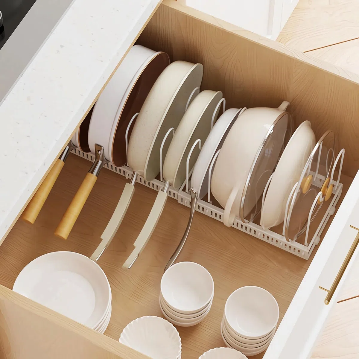 Porta Coperchi Pentole Salvaspazio, Organizer Pentole e Padelle con 10 Scomparti Regolabili, Organizer Cucina, Porta Pentole Salvaspazio da Cassettone, Bianco
