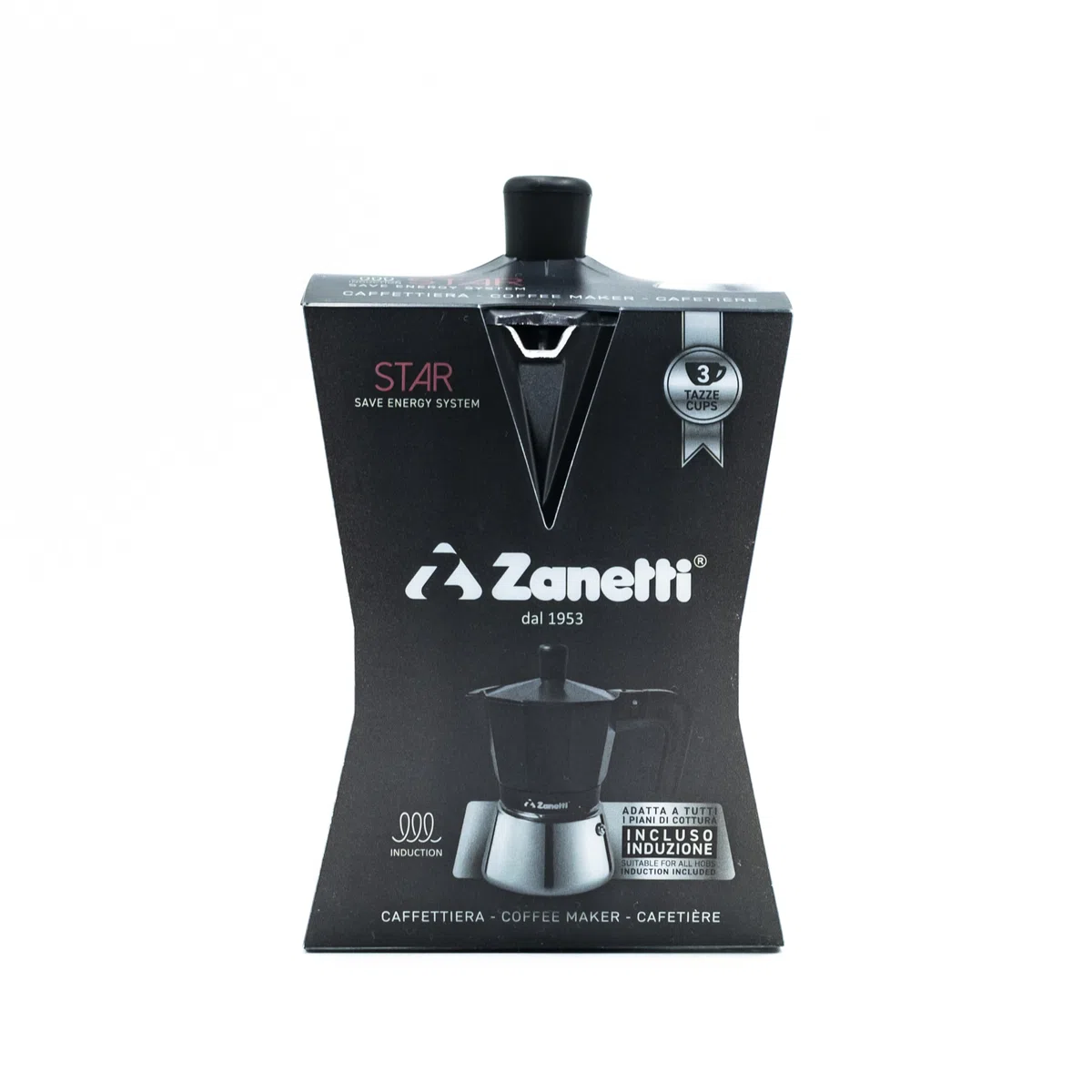 Zanetti, Star Caffettiera Moka Induzione Tre Tazze, Espresso Con Caldaia in Acciaio Inox e Manici Ergonimici, Adatta ai Piani a Induzione 3 Tazze Colore Nero