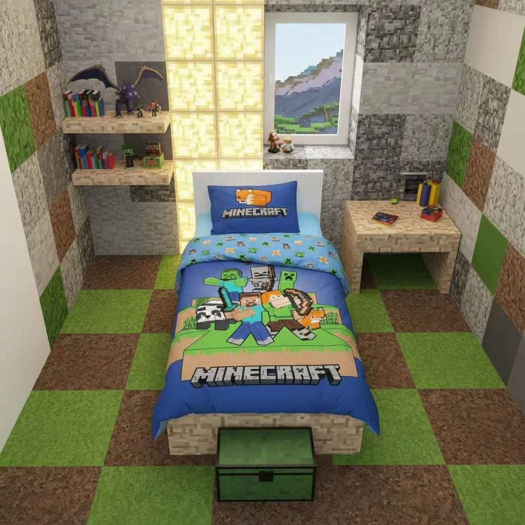 Minecraft Biancheria da letto per bambini | Copripiumino 140x200 cm & federa 50x70 cm | 100% cotone, morbido e traspirante | Design Minecraft “Ready to Survive”