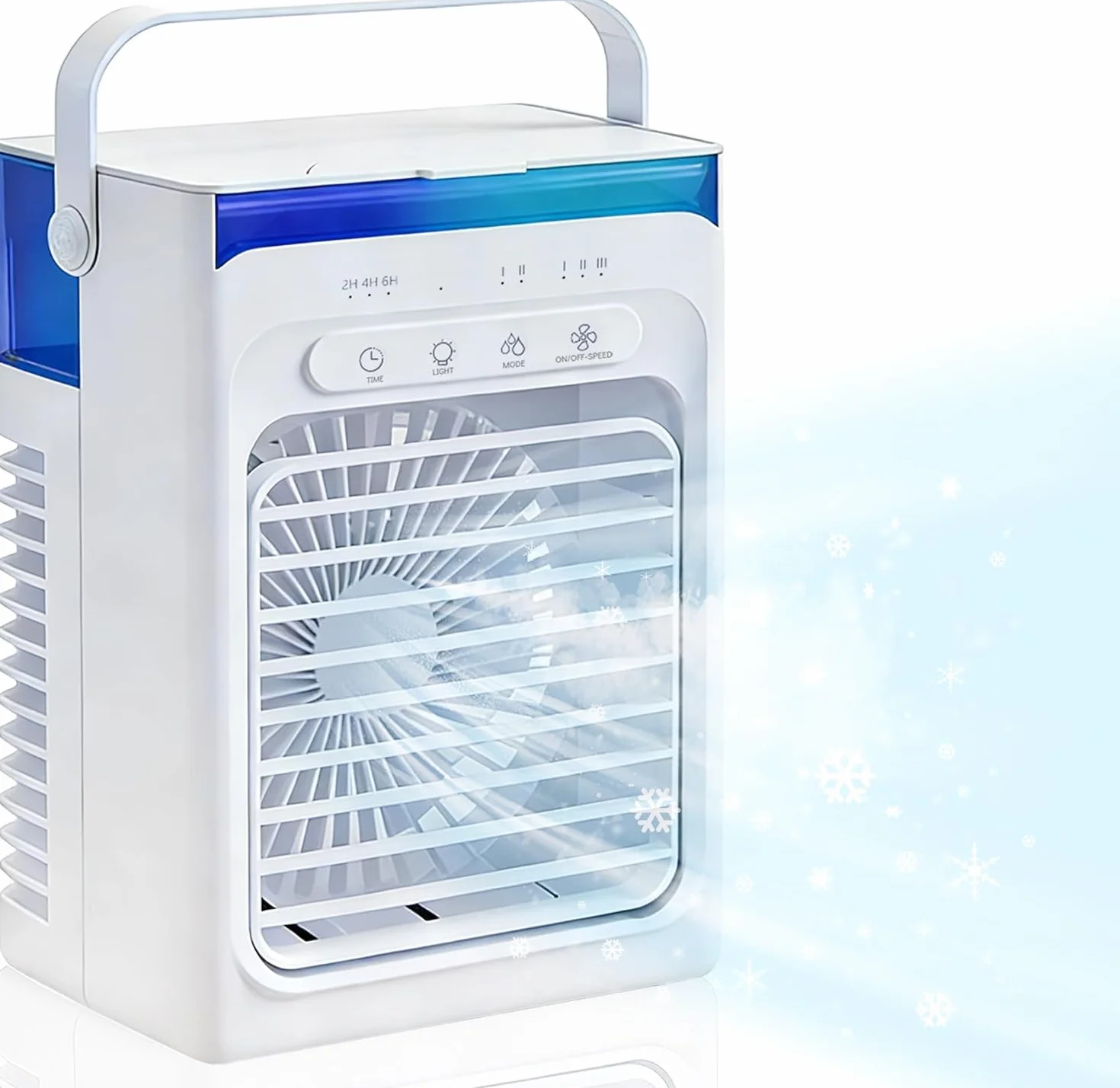 Mini Condizionatore Portatile, Ventilatore con Ghiaccio, 1000 ML Raffrescatore d'Aria con Doppio Motore, 3 Velocità, Nebbia Fredda, Timer 2/4/6H, Luci LED, per Casa, Ufficio (Bianco‌)