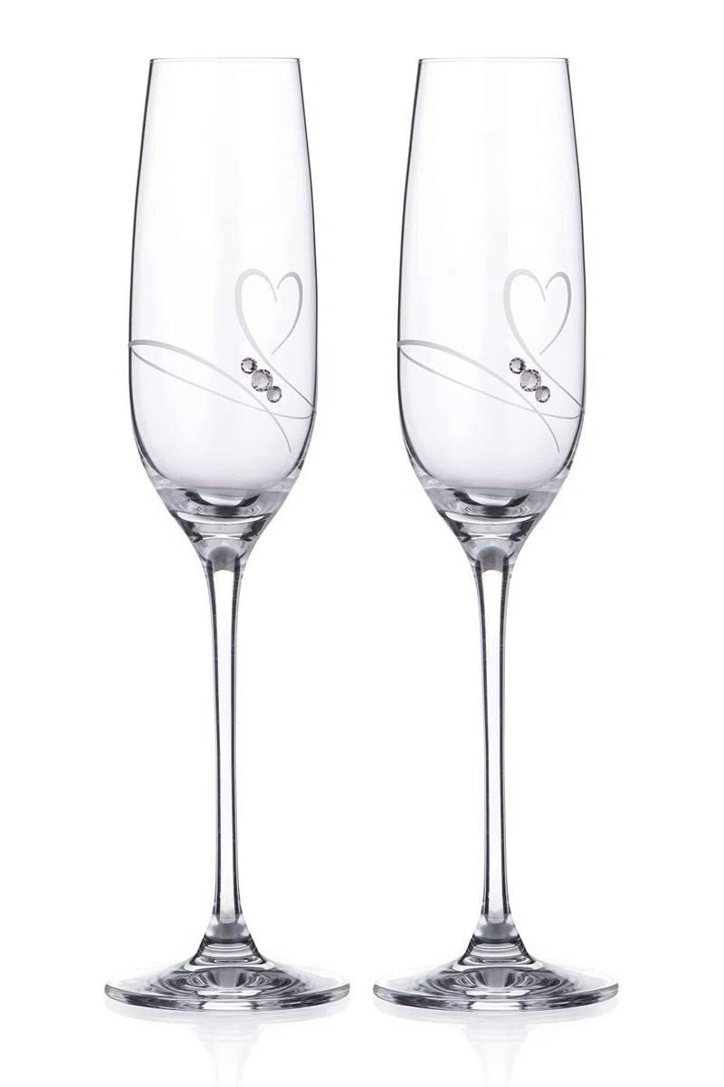 DIAMANTE Flute da champagne, bicchieri da prosecco con design 'Romance' tagliato a mano, impreziosito da cristalli, con scatola regalo