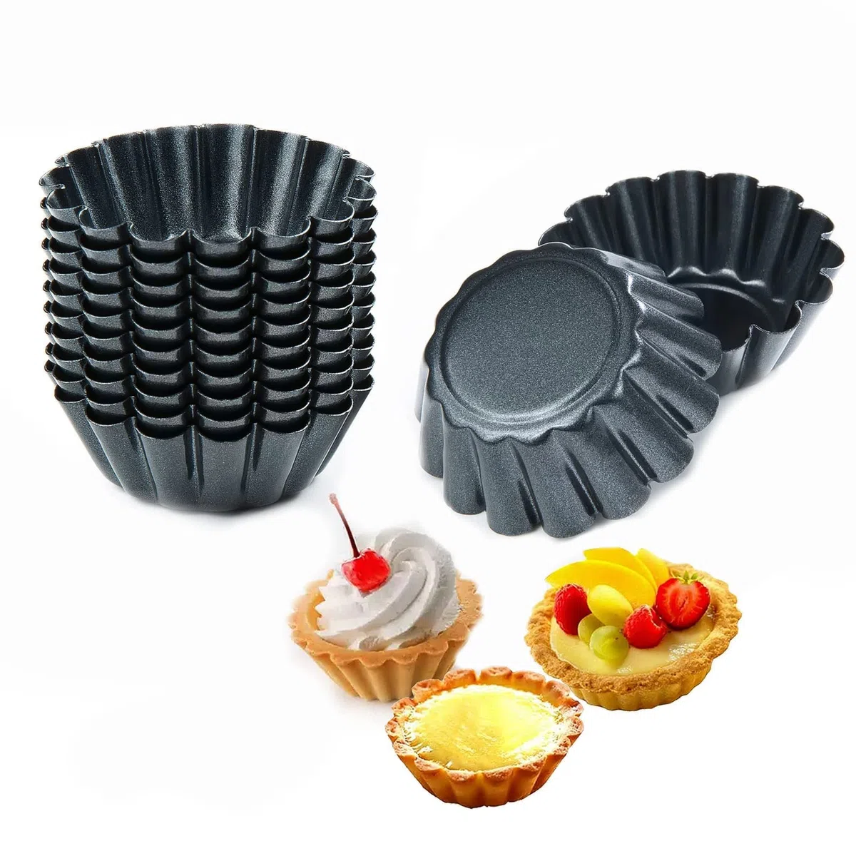 Comius Sharp Stampi di Crostate di Uova, 12 Pezzi Pirottini in Acciaio al Carbonio, Stampo per Crostata, Formine per Muffin, Stampi per Budini, Riutilizzabile e Antiaderente (6,5cm)
