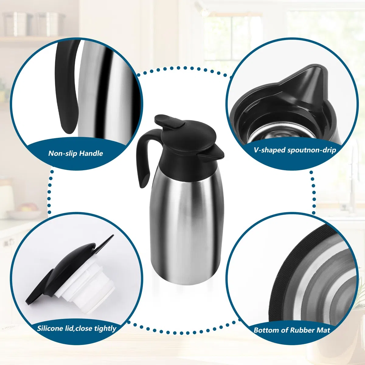 2 Litri Thermos, Termos Caffè In Acciaio Inox, Caraffa Termica Sottovuoto Isolato, Caffettiera Termica A Doppia Parete, 24 Ore, Isolamento Termico per Caffè, Tè, Acqua, Bevande, Caldaia