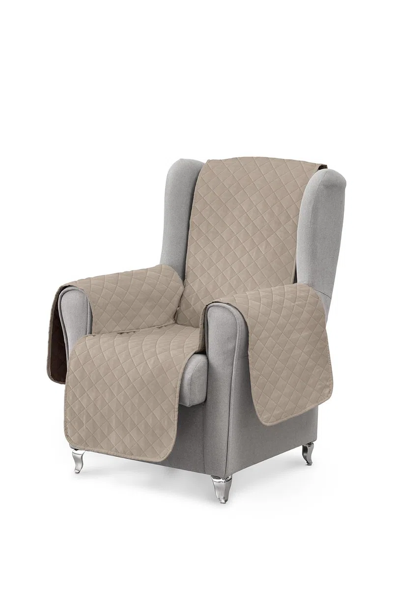textil-home Copripoltrona 1 Posto con Braccioli LUKA, Poltrona Relax Reclinabile e Orecchie Imbottito - Misura 55 cm. SalvaDivano Reversibile. Beige