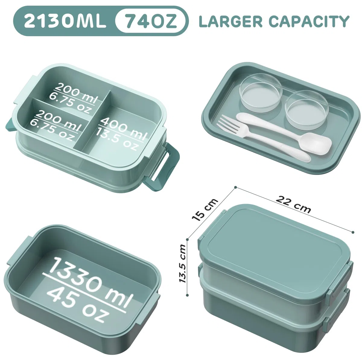 WayEee Contenitore per il pranzo per adulti, 2130 ml, grande, a prova di perdite, senza BPA, per ufficio, scuola (verde)