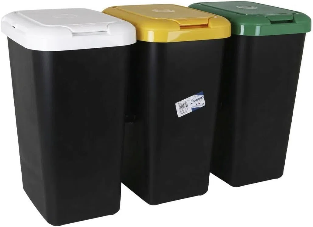 Tontarelli Inde Set 3 bidoni per il riciclaggio da 75 litri in totale realizzati in plastica 79 x 33 x 48 cm, nero, 77 x 32 x 47,5