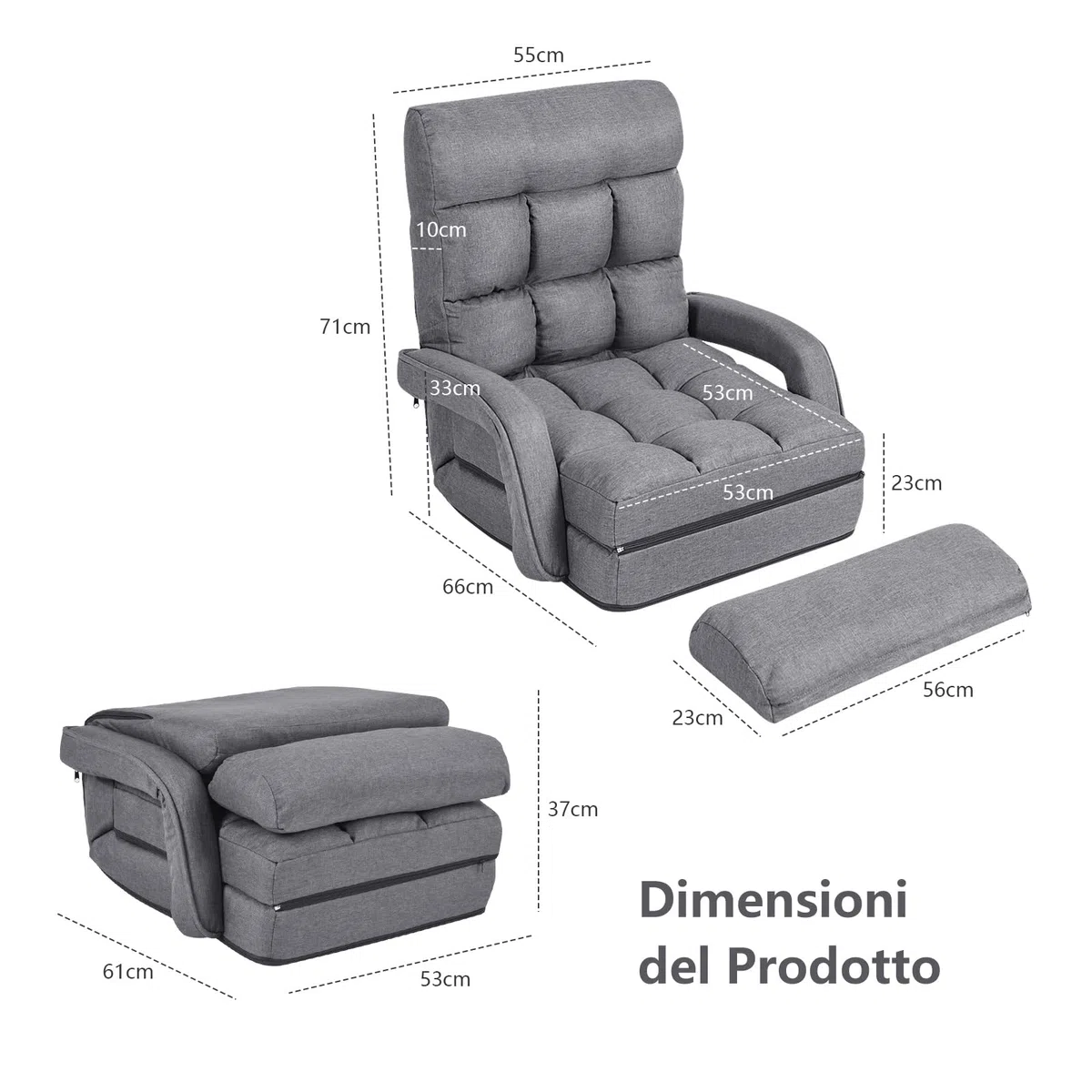 COSTWAY Poltrona Divano con 5 Livelli Regolabili, Sedia da Terra con Braccioli e Cuscino, Struttura in Acciaio, Multifunzione e Pieghevole per Soggiorno Camera da Letto, 55x66x71 cm (Grigio)