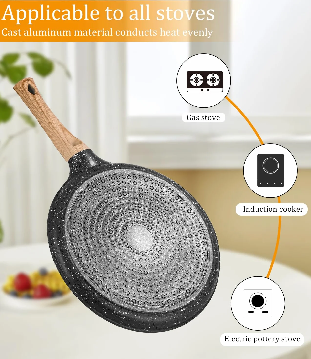 Padella crepes antiaderente nera 28 cm con rivestimento antiaderente in granito svizzero, manico in bachelite, compatibile EMC, senza PFOA