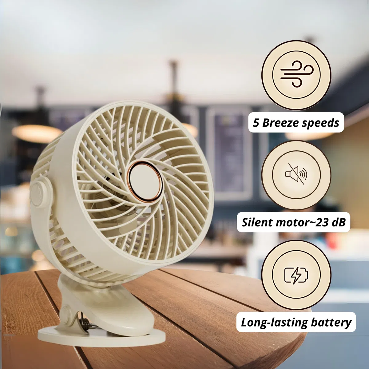 MAGIC SELECT Ventilatore con Clip, con 5 Velocità. Ventilatore da Tavolo Silenzioso, con Luce. Multisuperficie. Ruota di 360º. Batteria a Lunga Durata. USB-C, Cavo di Ricarica Incluso.