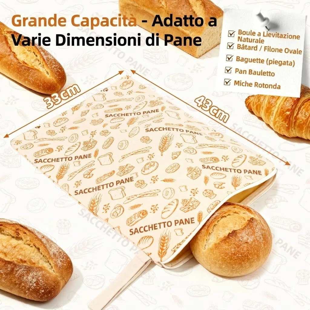 AHJ Confezione da 2 Sacchetti per Pane in Cera d'Api 43x33cm, Borsa Porta Pane Riutilizzabile in Cotone e Lino con Cerniera a L per Sourdough Fatto in Casa, Baguette e Pane Artigianale Lavabile