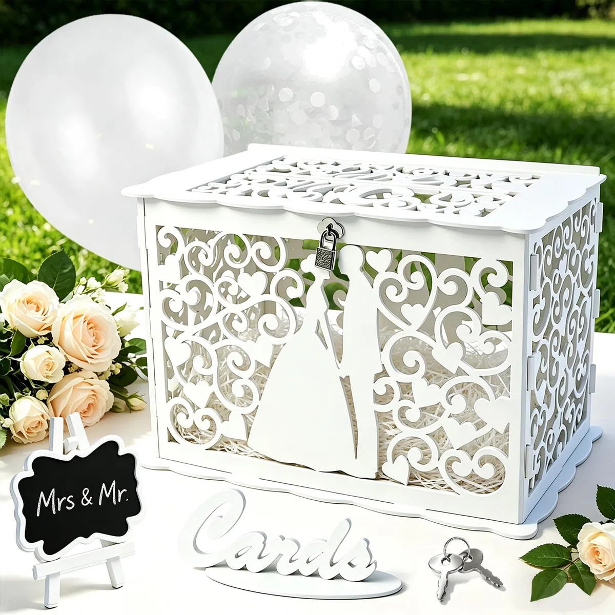 Ulikey Scatola Carte di Nozze, Porta Buste Matrimonio Legno, per Soldi con Serratura, Contenitore con Palloncini e Rafia, Decorazione (Stile 2)