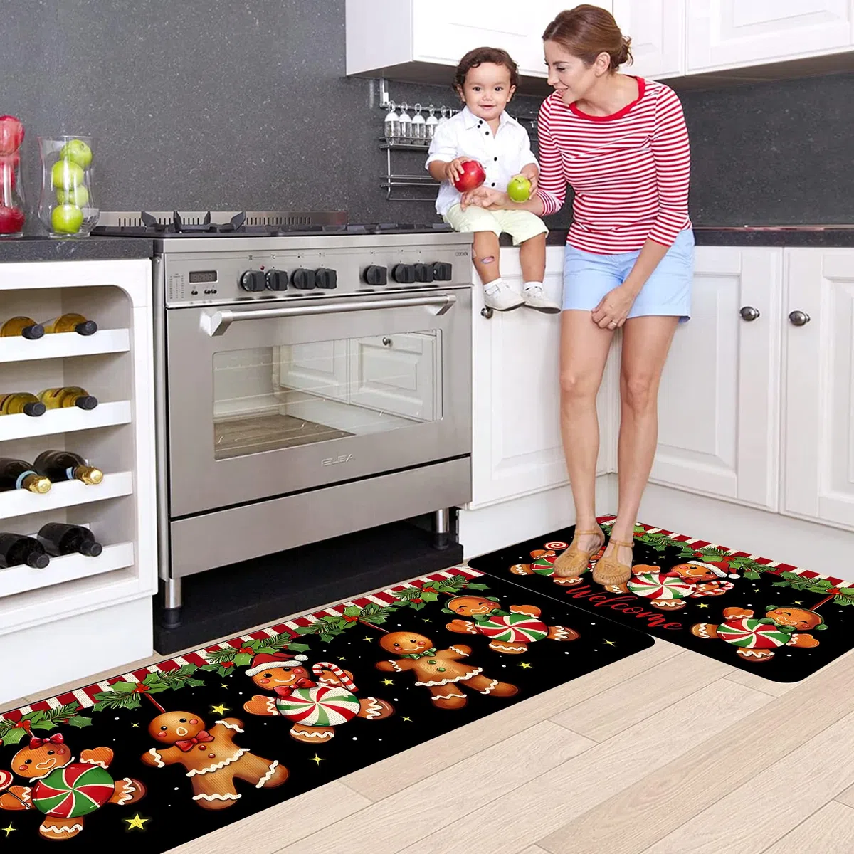 2 pezzi Tappetini da Cucina,Tappeto di natale,Tappeto passatoia Cucina Lavabile,Impermeabile,Resistente all'olio Durevole Tappetino zerbino Lavabile,per interni,40 * 60cm+40 * 120cm