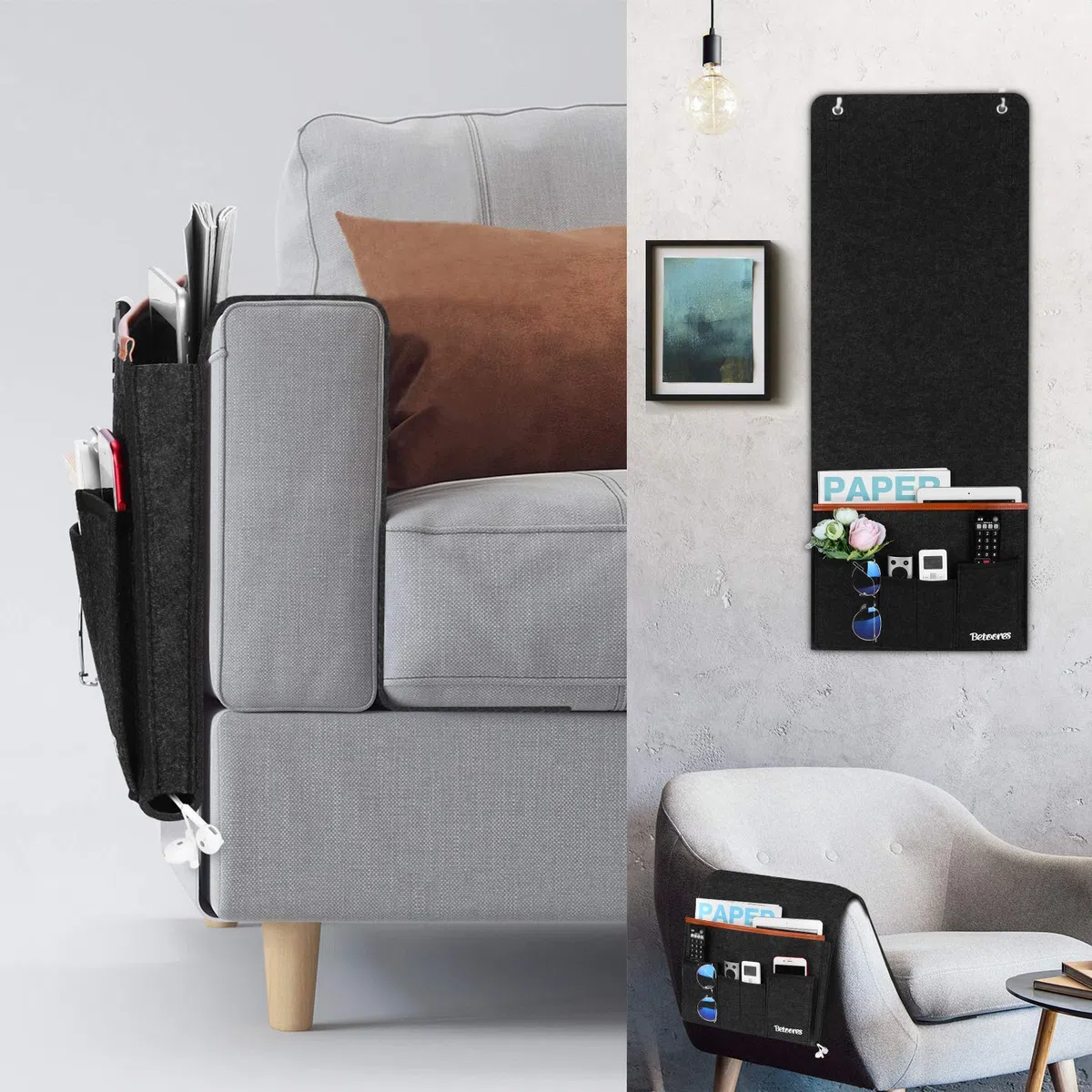 Organizer per Bracciolo Divano, Portaoggetti da Appendere per Letto o Divano con 6 Tasca, Organizzatore Divano per iPad, Tavoletta, Riviste, Cellulare, Occhiali, Matita - Grigio Scuro