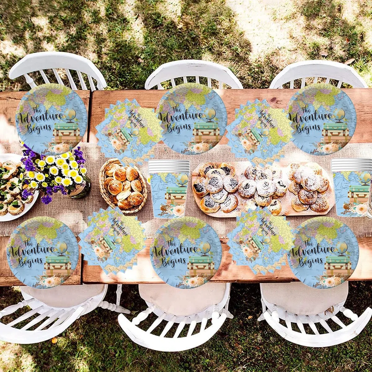 Viaggi Stoviglie per feste, 61 pezzi Esploratore Stoviglie per compleanni per bambini, Mappa del mondo Set di piatti di carta per feste, Compresi bicchieri, tovaglioli e tovaglie
