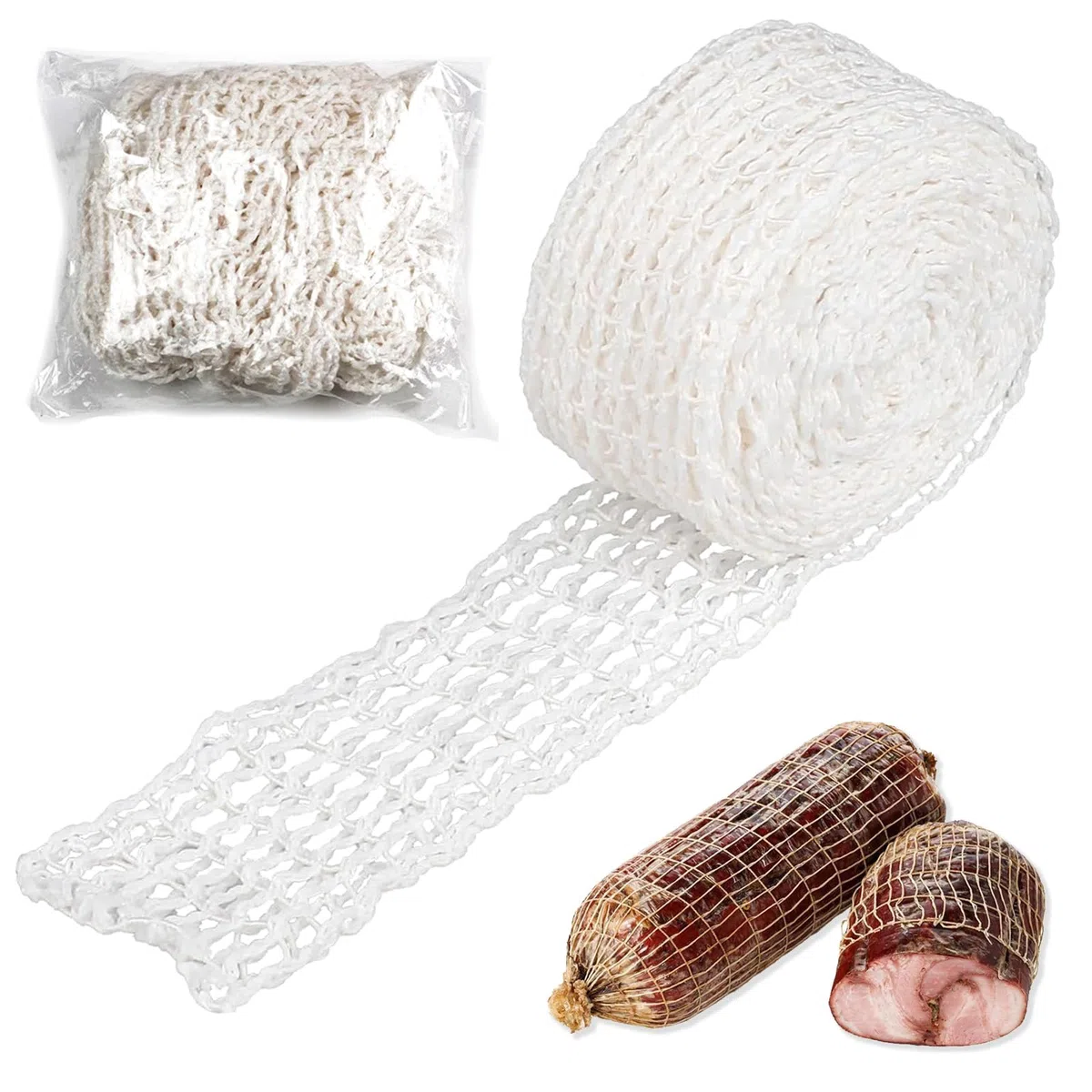 Rete per Carne da 10m, Bianca - Rete Elasticizzata per Arrosti e Insaccati con 18 Fori, Ideale per Cottura, Stagionatura e Conservazione di Prosciutti e Carni