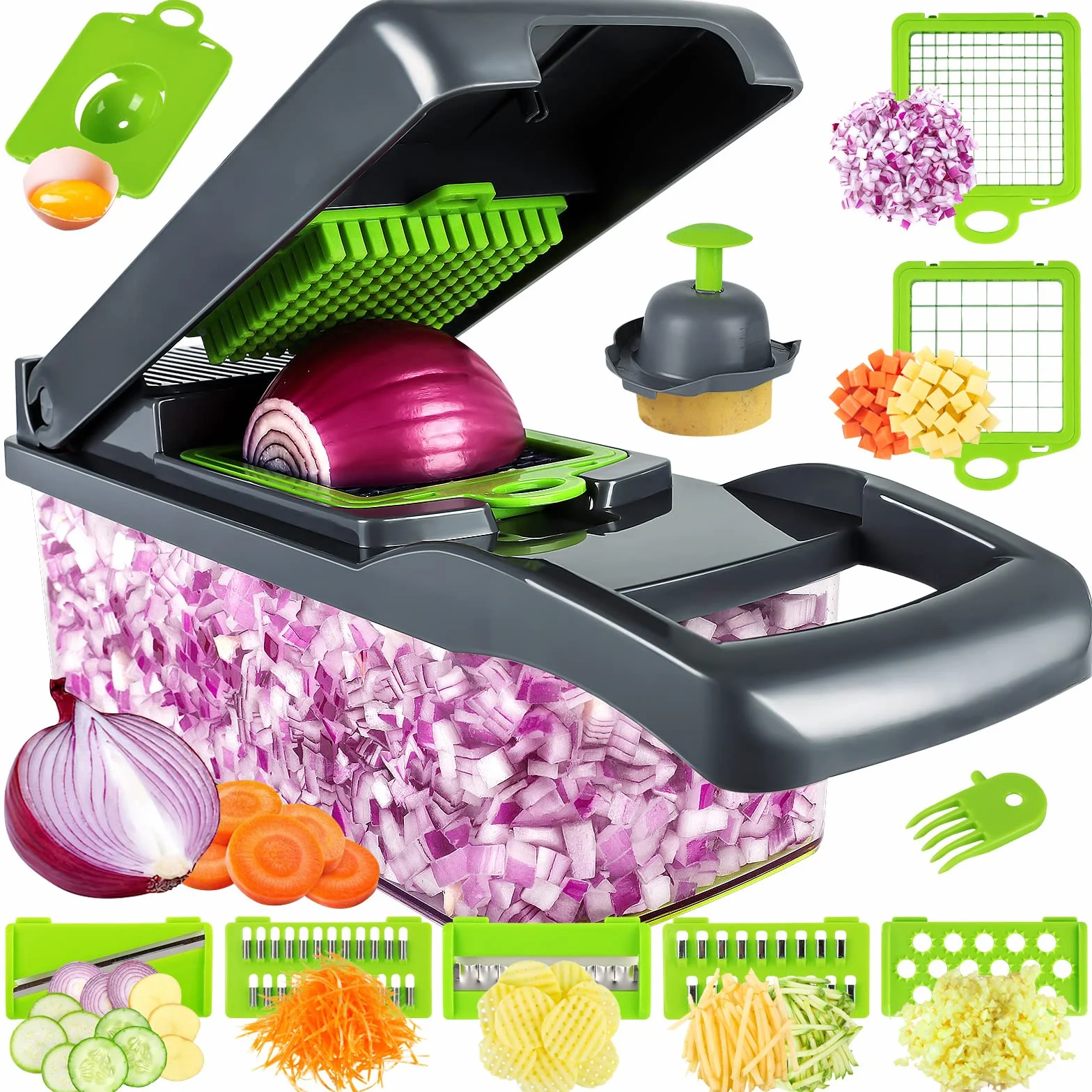 MAIPOR - Affettatrice per verdure/cipolle, multifunzionale 13 in 1, affettatrice da cucina per verdure, affettatrice a dadini e tagliatrice con 8 lame, affettatrice per carote e aglio con contenitore