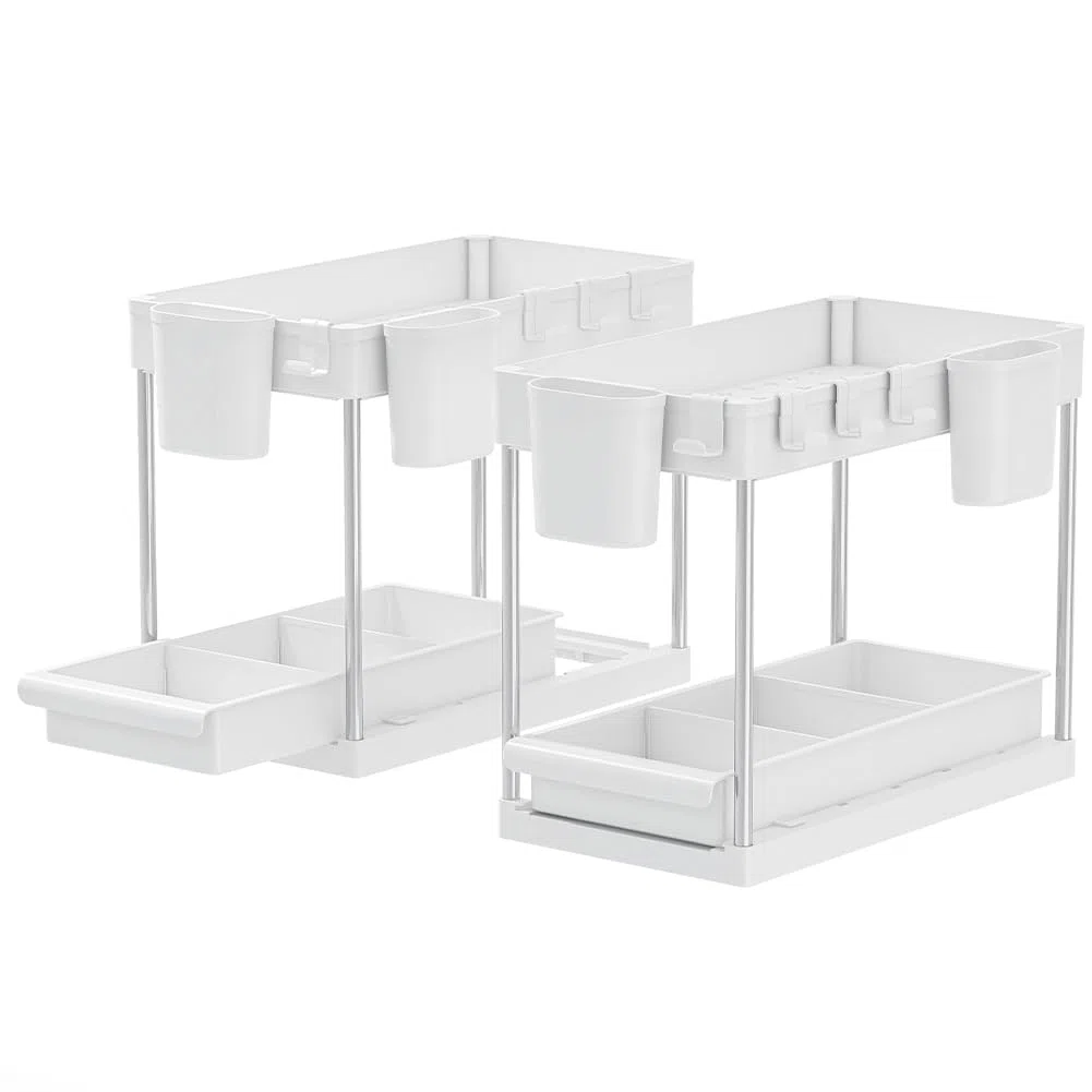 BAKAJI Set 2 Organizer Sottolavello per Bagno e Cucina con Cassetto Scorrevole, Scaffale Cestello Scorrimento Salvaspazio 2 Ripiani, Scaffalatura Sotto Lavello Portaoggetti Ripiano Estraibile (Bianco)