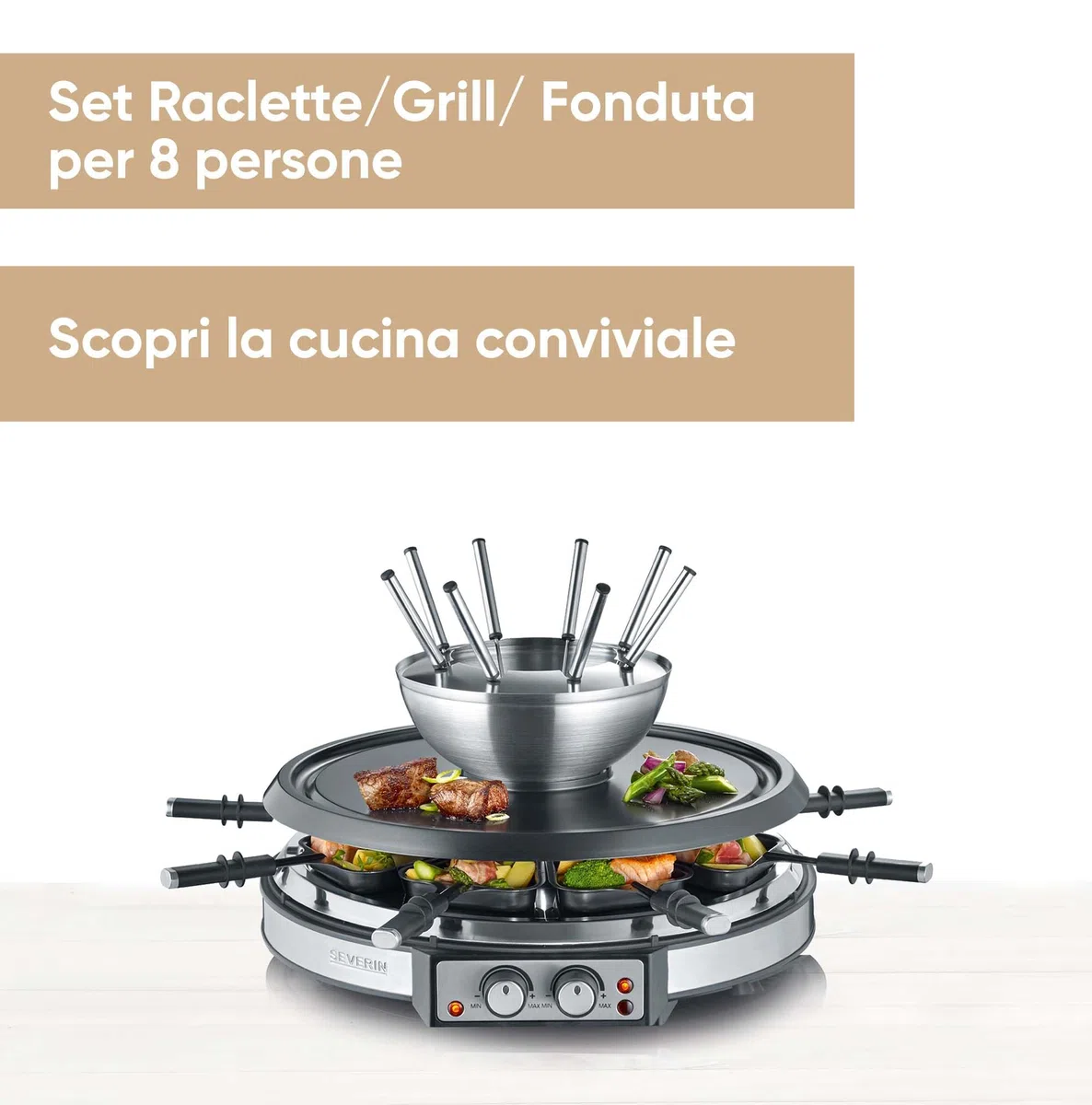 SEVERIN Grill/Raclette/Fonduta 8 Padellini, 2 Elementi Riscaldanti Regolabili Separatamente, Combinazione 2-In-1 Con 8 Padellini, Raschietti E Forchette Per Fonduta, Potenza 1.900W, RG 2348