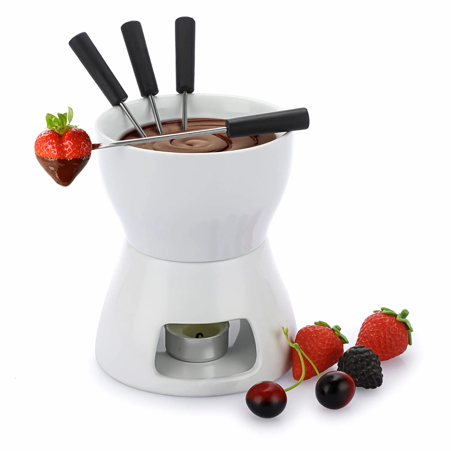 Set per fonduta di cioccolato in ceramica bianco con pentolino per formaggio in porcellana con 4 forchette Sciogli cioccolato Set per fonduta 400ML Mini bruciatore resistente al calore per