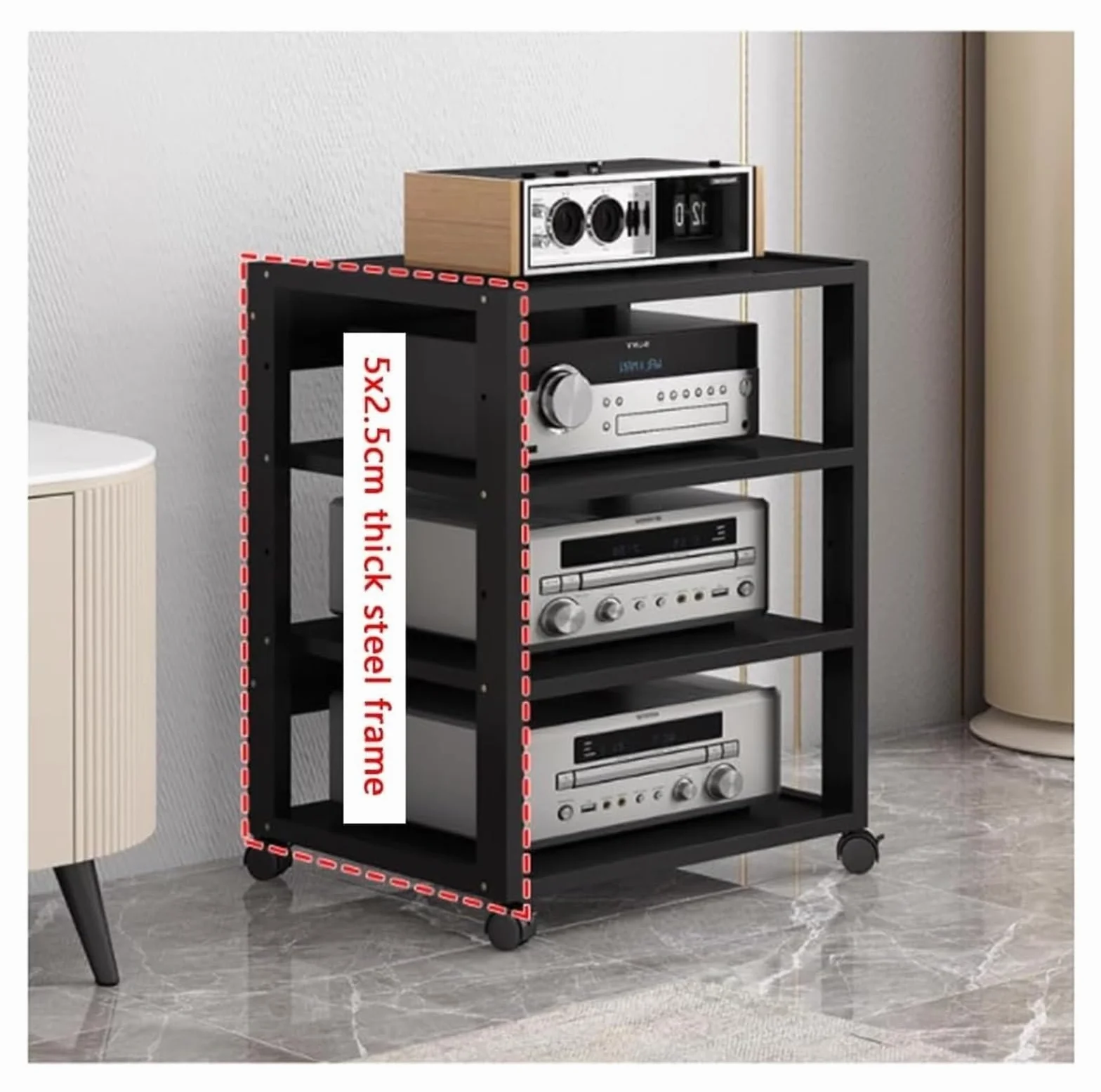 Mensola AV HiFi regolabile a 7 livelli, supporto multimediale video con ruote universali, rack audio mobile for soggiorno, camera da letto, studio(Nero)