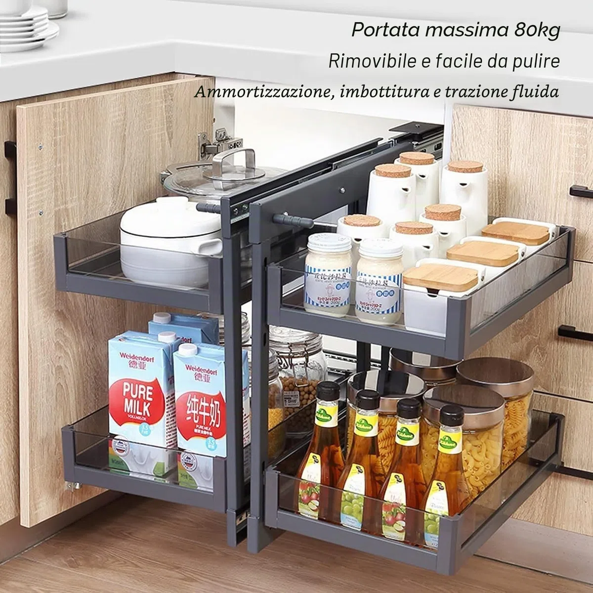Unità d'Angolo Cucina Estraibile Contenitore Soft Close Home Cabinet Organizer con 4 Cestelli Portaoggetti, Cestello Estraibile Angolare Universale Sinistro e Destro 800, Nero, Acciaio al Carbonio