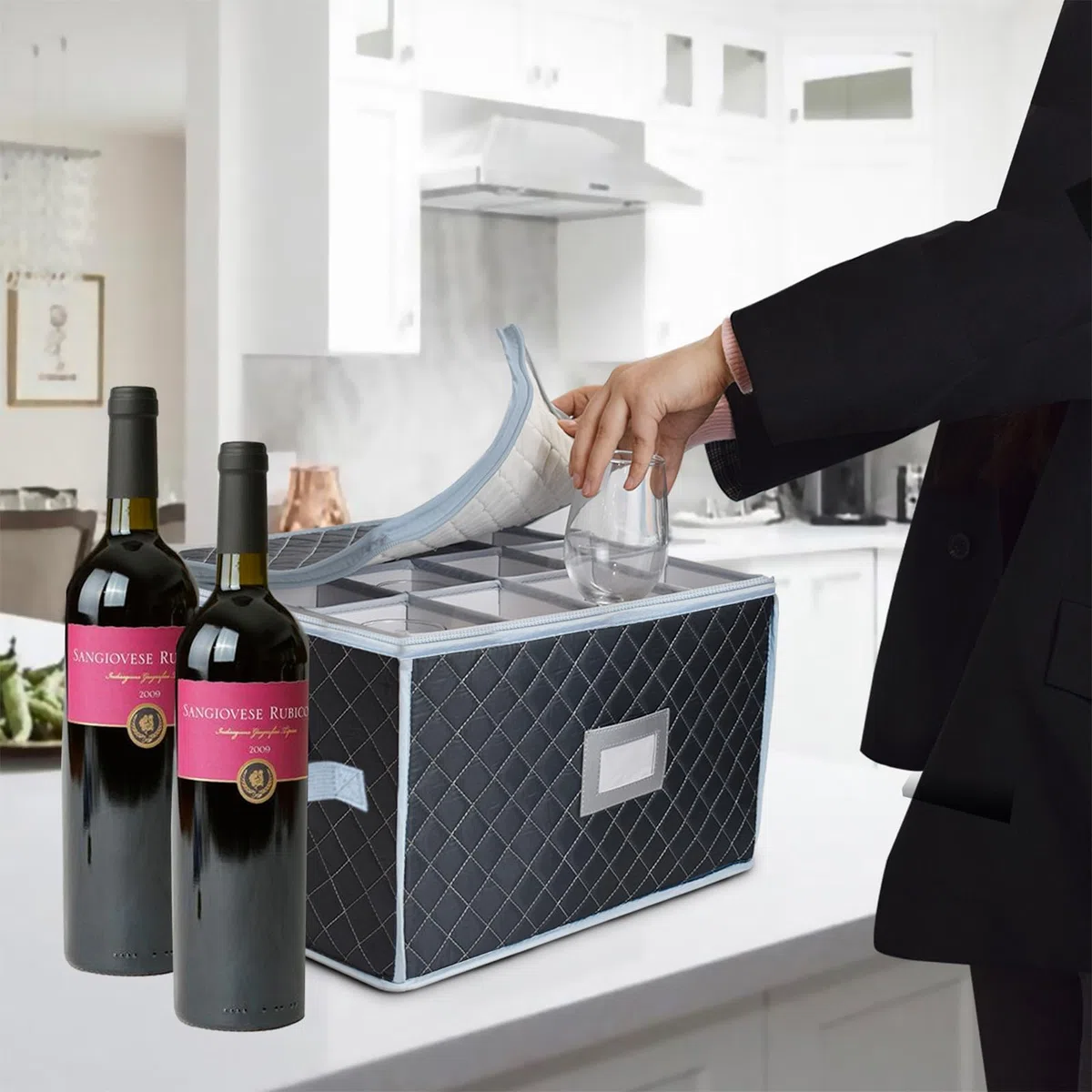 Contenitore per bicchieri da vino con 12 divisori, porta protezione per calici, contenitore per bicchieri da vino, stoviglie in cristallo fragile, viaggi, campeggio (grigio)