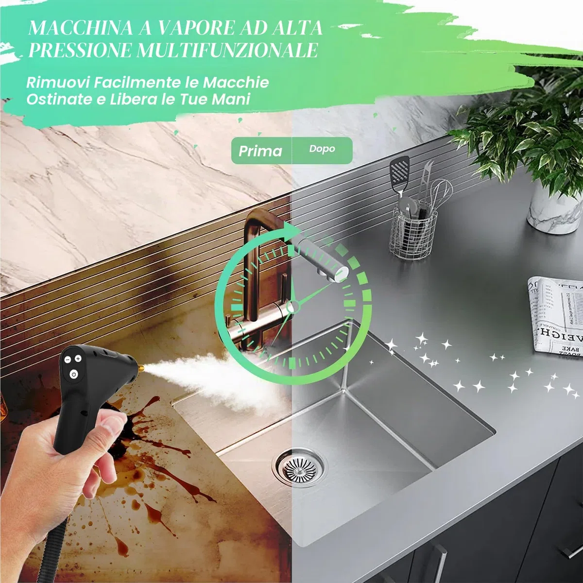 Pulitore a Vapore 2500W con Pulsante Touch Regolabile, Serbatoio Dell'acqua da 1200ml, 4 Accessori in 6 Velocità Regolabili, Pulitore a Vapore Portatile Riscaldamento Rapido da 15 Secondi per Cucina