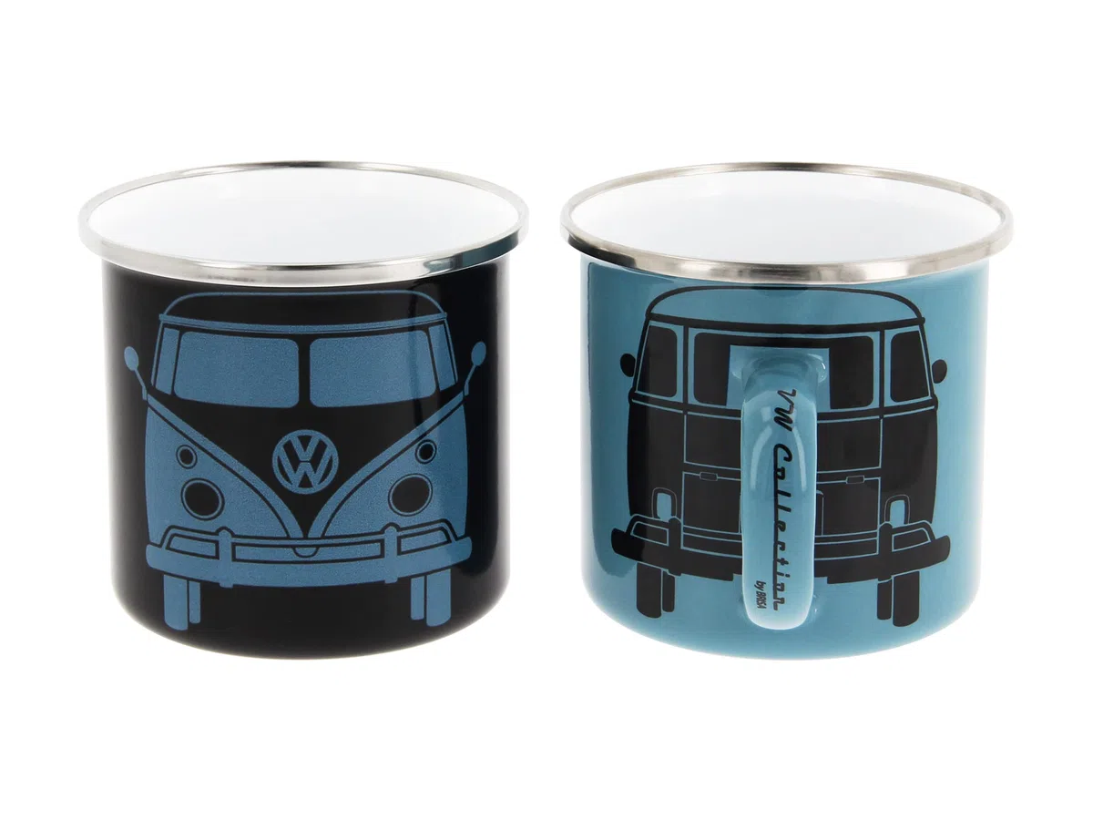 BRISA VW Collection - Volkswagen Set di 2 tazze in metallo smaltato da tè, caffè, latte, cappuccino, Campervan Bus T1 design 350 ml x2 (Nero & Azzurro Scuro)