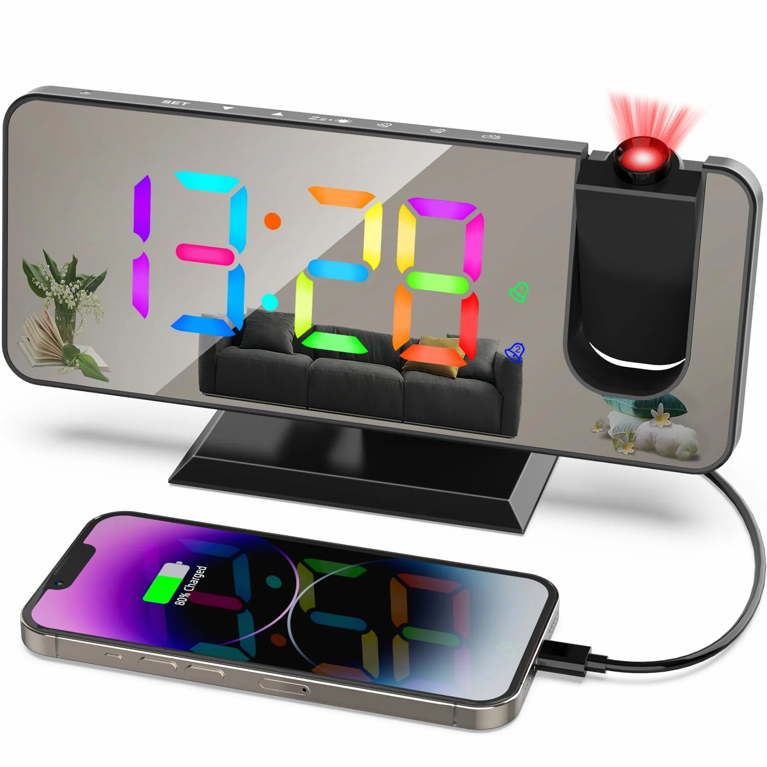 ThreeH Sveglia a Proiezione con 11 Colori RGB Cambiano Display LED a Specchio Orologio Digitale con porta di Ricarica USB Funzione Snooze 6 livelli di Luminosità Regolabile Nero