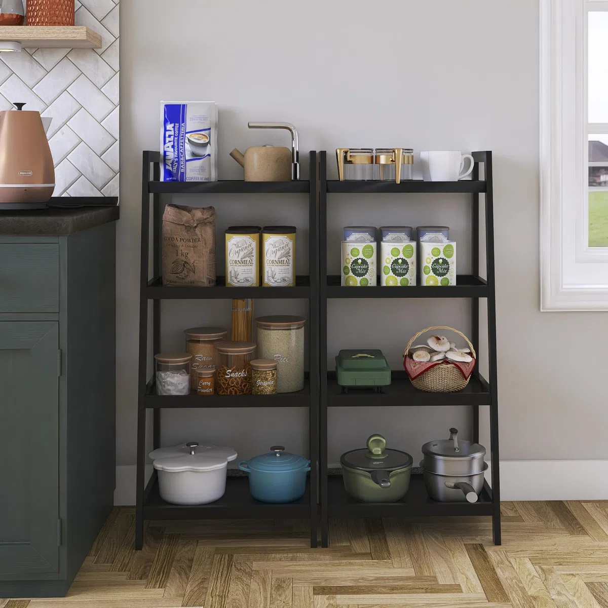 SMIBUY Libreria a scala in bambù, organizer per rack da bagno, espositore per piante autoportante a 4 e 5 livelli Scaffali salvaspazio per camera da letto, cucina (Nero, 4 livelli (99cm H))