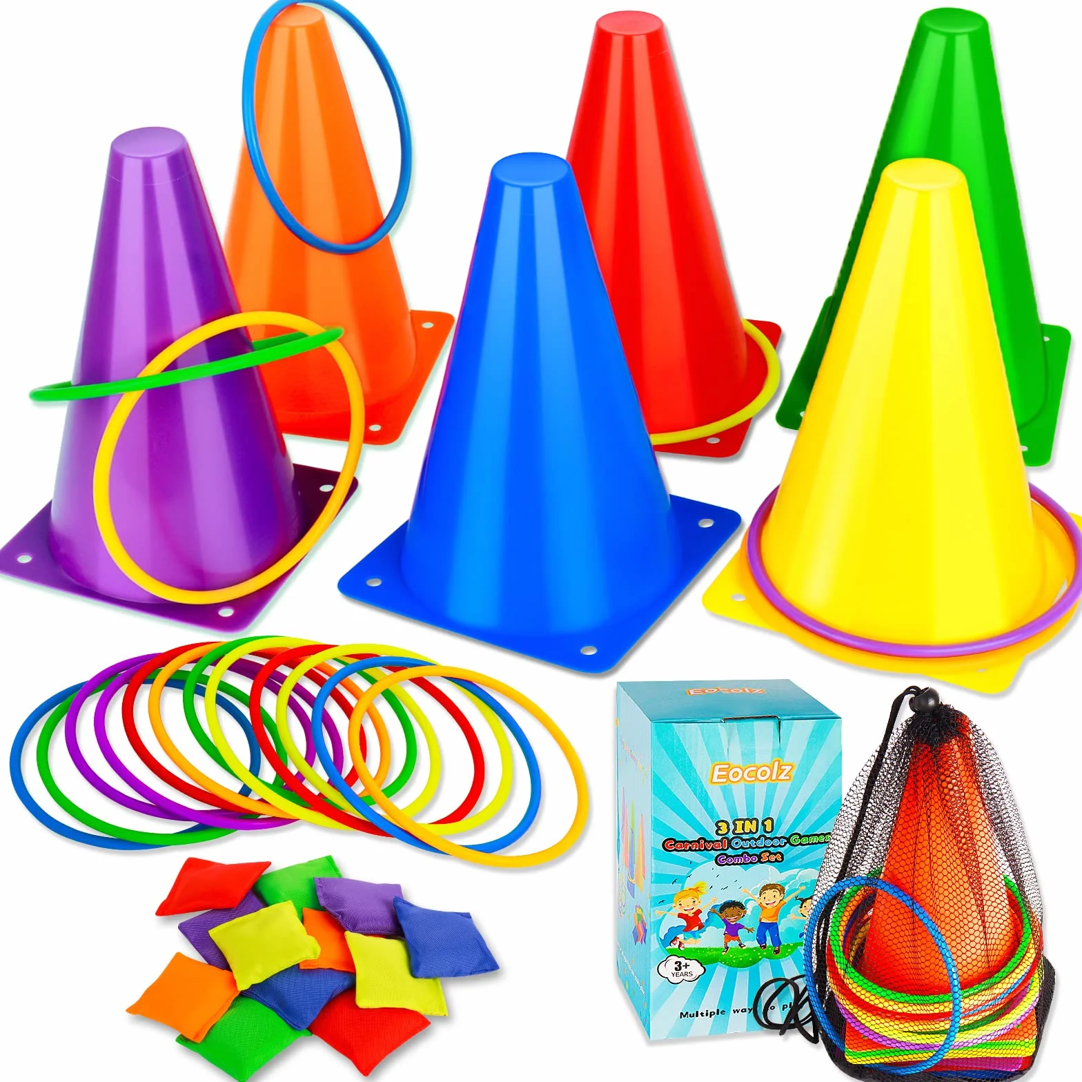 Eocolz Set di giochi di carnevale 3 in 1, coni in plastica morbida per fagioli ad anello, giochi per bambini, feste di compleanno, giochi all'aperto, forniture per giochi da 32 pezzi