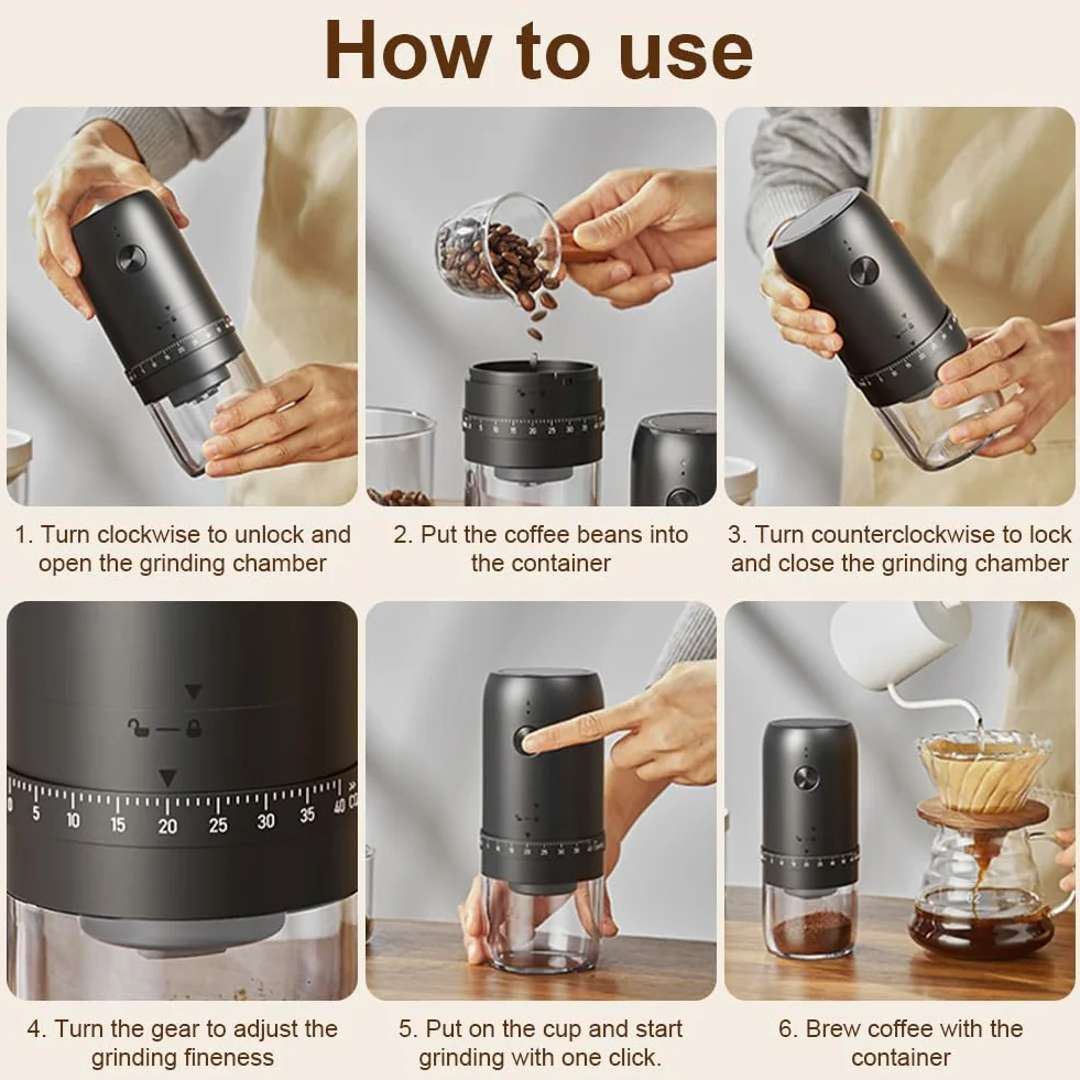 HOTUT Macinacaffè Elettrico, Macina Caffè Portatile a Batteria con Macina Conica in Ceramica, 40 Impostazioni Regolabili, USB Ricaricabile Macinacaffè Senza Fili per Viaggi Campeggio Ufficio Espresso