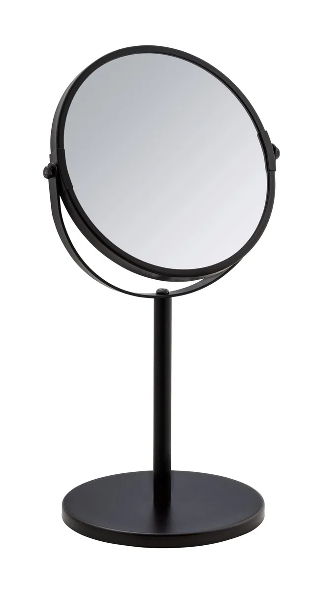 WENKO Specchio per trucco Assisi Ø 17 cm nero - Specchio per il trucco orientabile con ingrandimento 3x, superficie specchiante ø 16 cm 300 % ingrandimento, Acciaio, 18.5 x 34.5 x 15 cm, Nero
