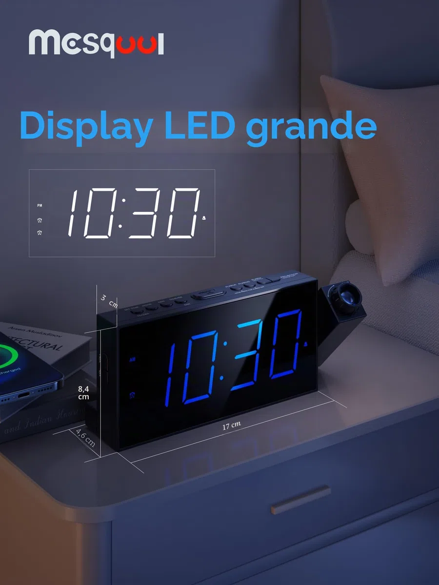 Sveglia di proiezione, display digitale da 7 pollici, doppio allarme, porta USB, volume di allarme regolabile, snooze, 12/24, backup batteria per camera da letto, soffitto, parete, casa, bambini,