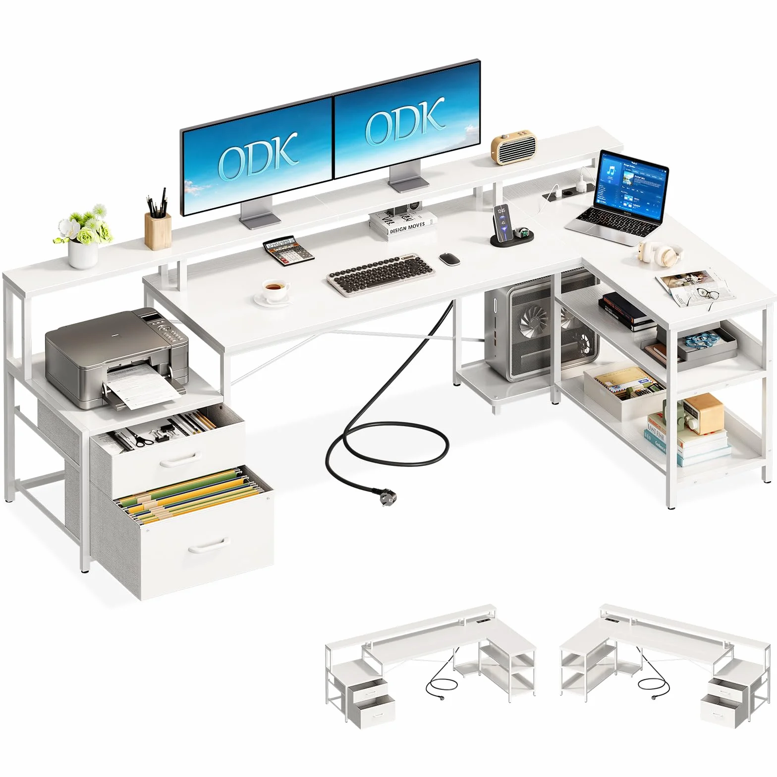 ODK Scrivania con Cassetti, 189.3×100cm Grande Scrivania Angolare Reversibile con 2 Porte di Ricarica USB e 2 Prese di Corrente, Scrivania Gaming per Casa Ufficio, Bianco