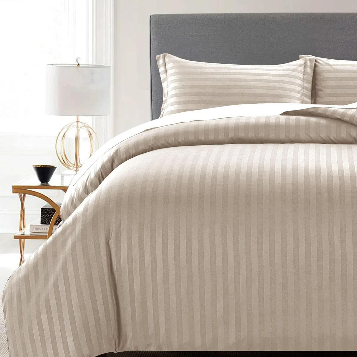 MOONLIGHT20015 Set con copripiumino reversibile per letto matrimoniale, a righe, in raso, set di biancheria da letto matrimoniale con 2 federe, morbido, ipoallergenico, copripiumino (beige, 200 x 200