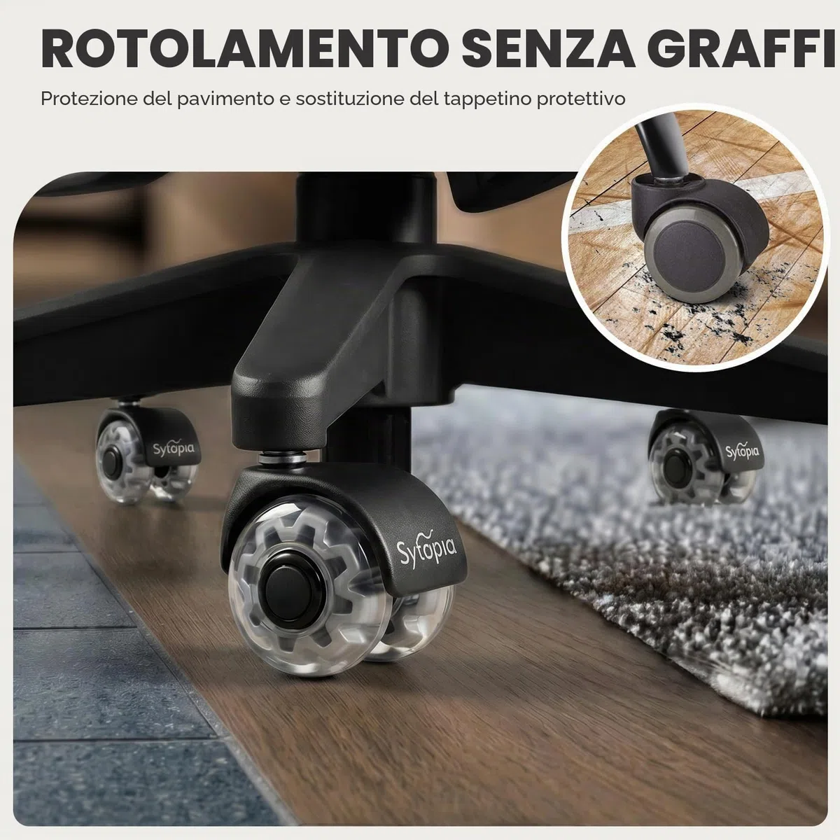 Sytopia Set di 5 ruote per sedia da ufficio, 11 x 22 mm, super silenziose e morbide, per pavimenti duri, parquet, moquette, laminato, non richiede tappetino protettivo per pavimento (non adatto per