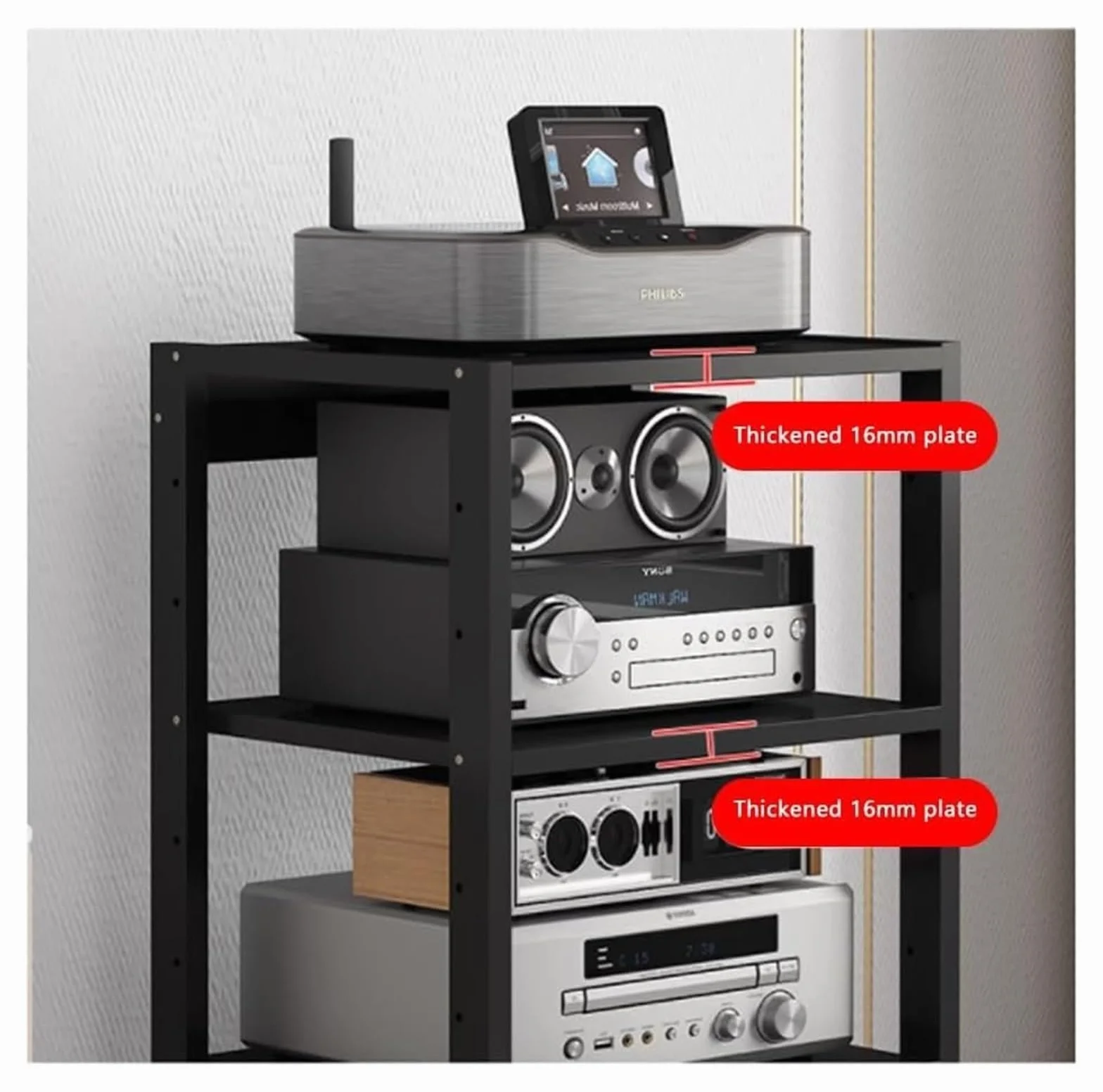 Mensola AV HiFi regolabile a 7 livelli, supporto multimediale video con ruote universali, rack audio mobile for soggiorno, camera da letto, studio(Nero)