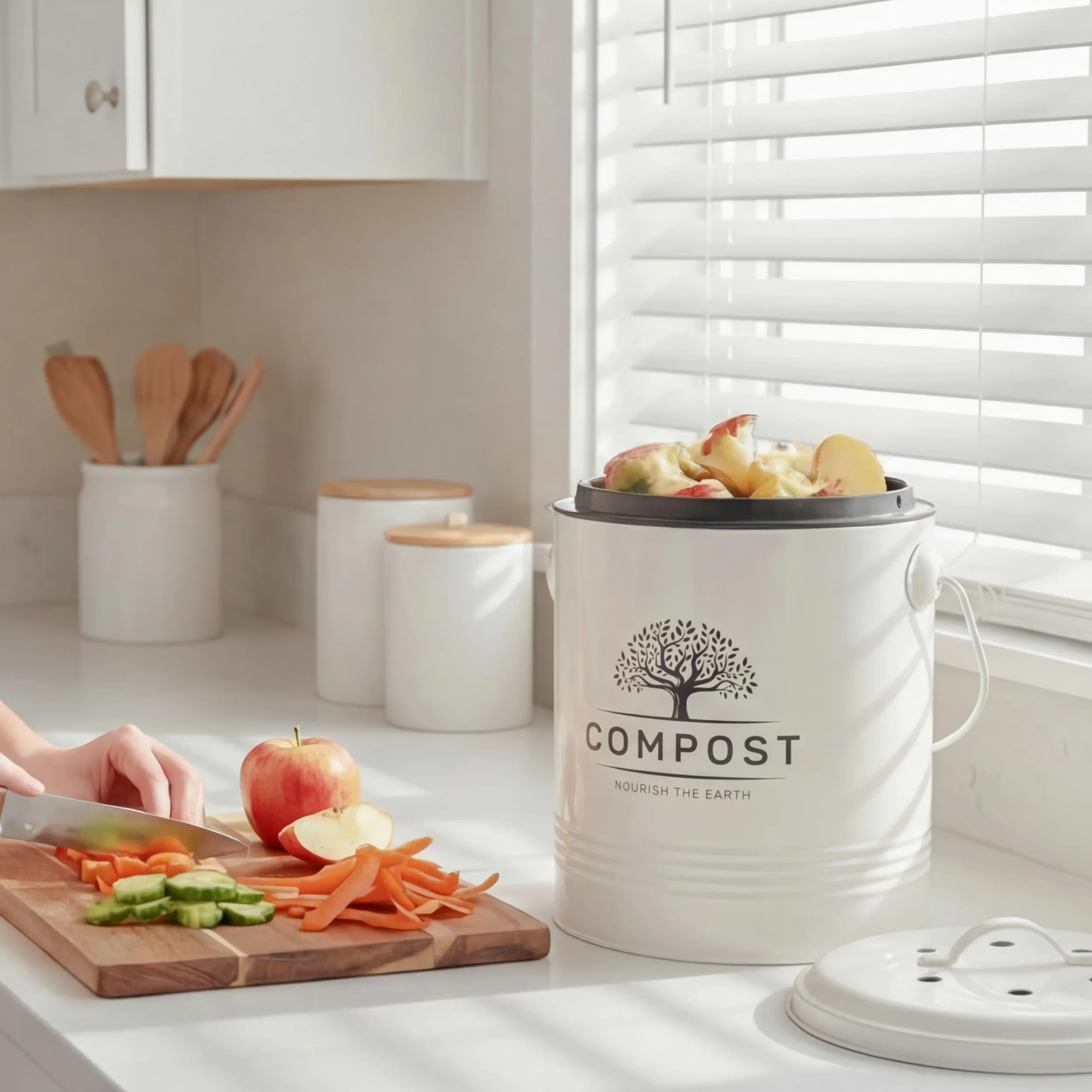 Perfnique Pattumiera da cucina per compost, da 1,3 galloni, con coperchio, secchio per compost da interno con fodera interna e filtro al carbonio, piccolo cestino per compostaggio