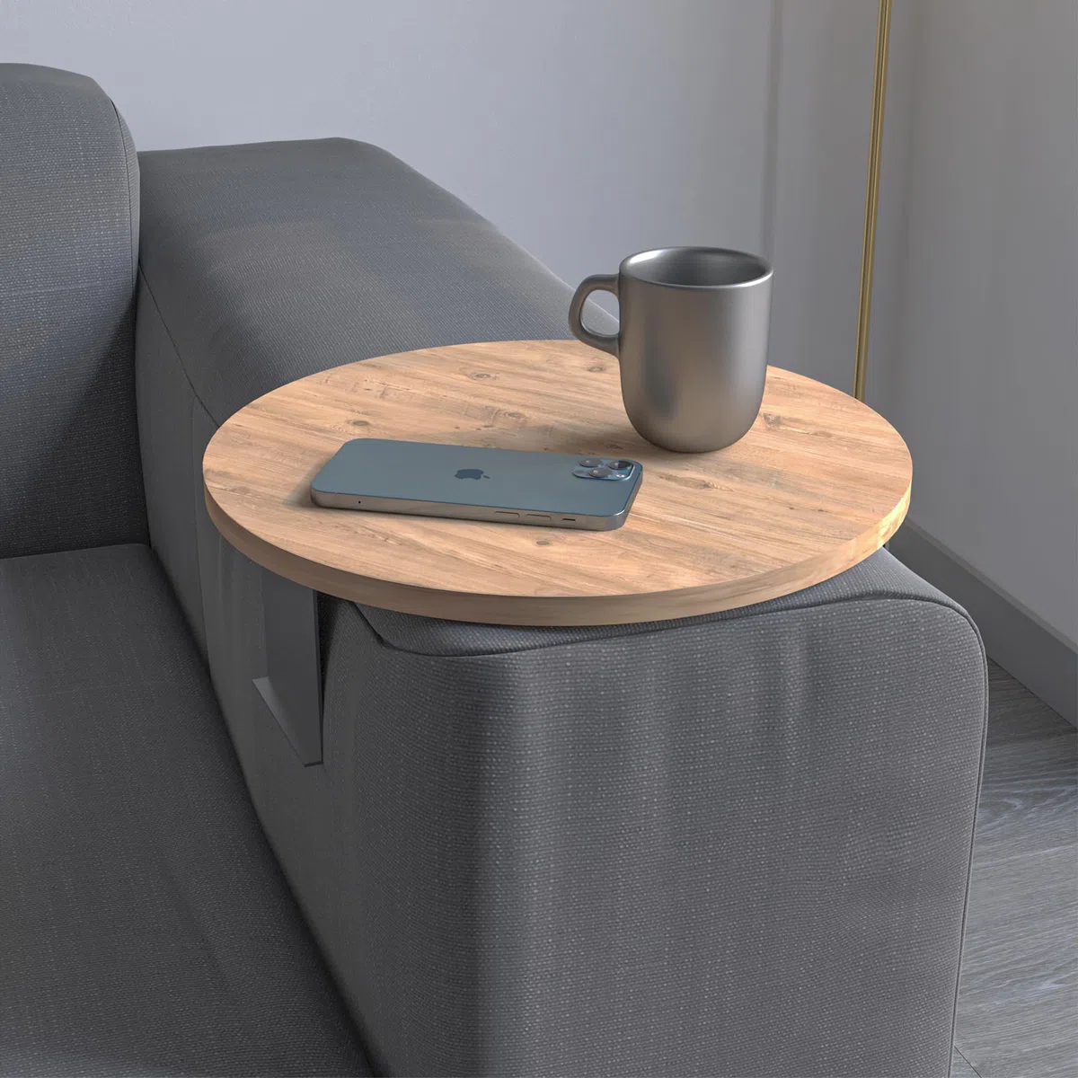 Vassoio da divano con bracciolo, vassoio regolabile per divano e bevande, design speciale, pratico supporto in metallo, diametro 35 cm (effetto legno)