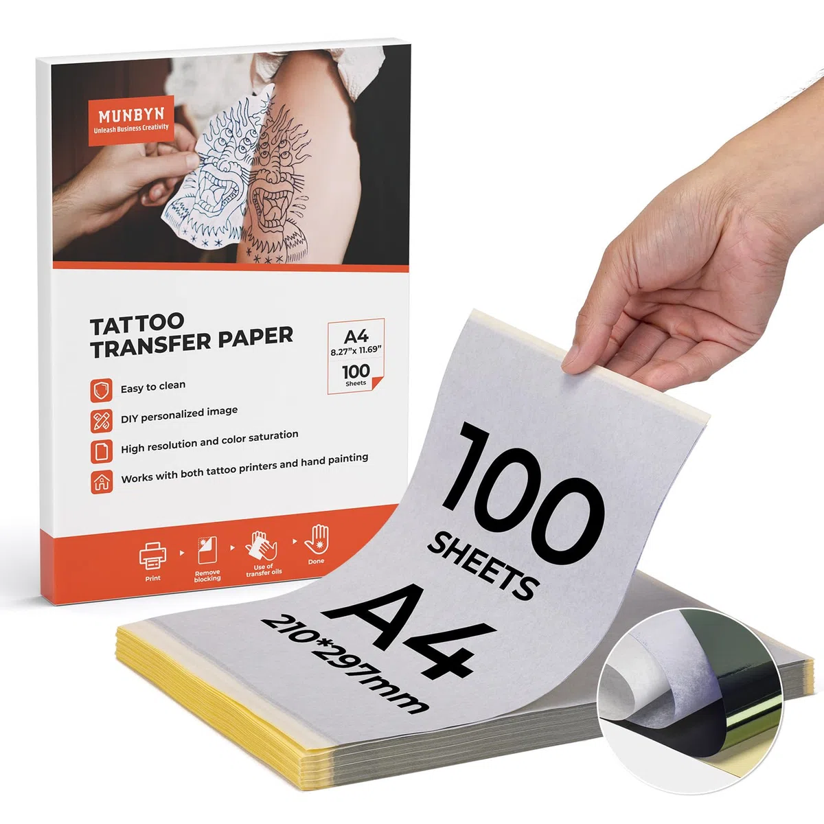 MUNBYN 100 Fogli di Tattoo Carta Termica di Trasferimento del Tatuaggio, 4 Strati, MUNBYN A4 Stencil Tattoo Paper, Carta Termica di Trasferimento del Tatuaggio Copiatrice per Stampante di Tatuaggio
