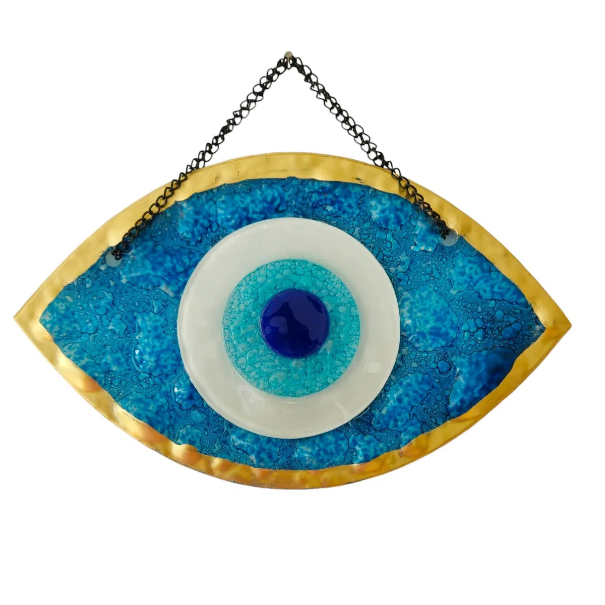 MYSTIC JEWELS - Ornamento decorativo per occhi turchi, vetro blu e bianco, amuleto portafortuna con cornice dorata, 3 dimensioni (Grande)