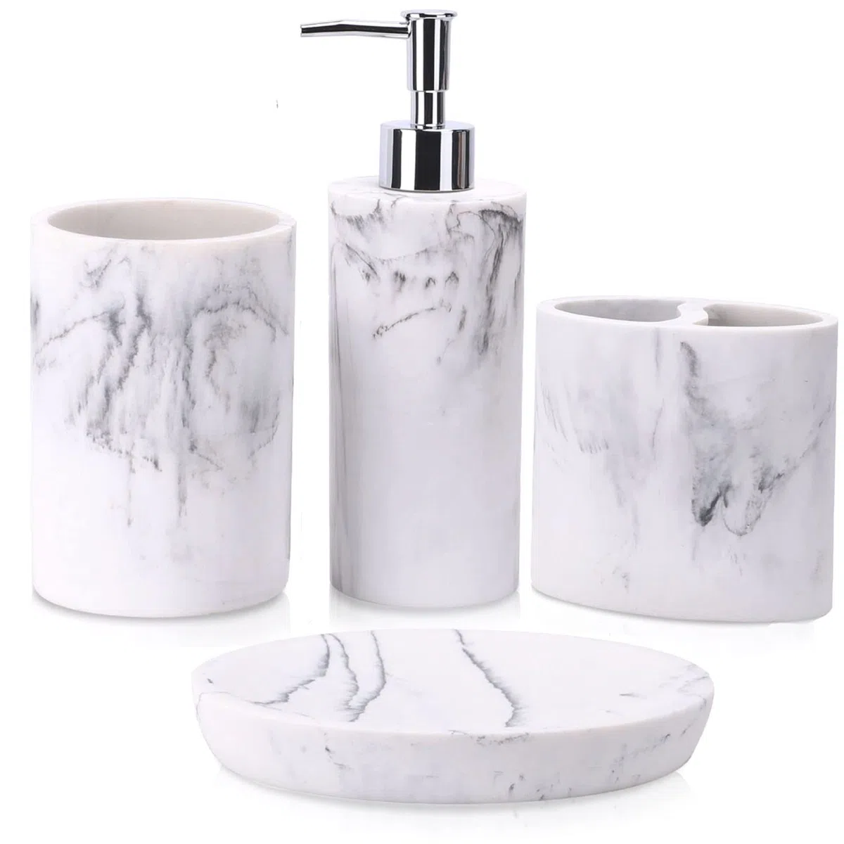 ZCCZ Set di accessori da bagno 4 pezzi, accessori decorativi per il bagno con dispenser di sapone, portaspazzolino, bicchiere da bagno, portasapone, effetto marmo, set di accessori da bagno bianco