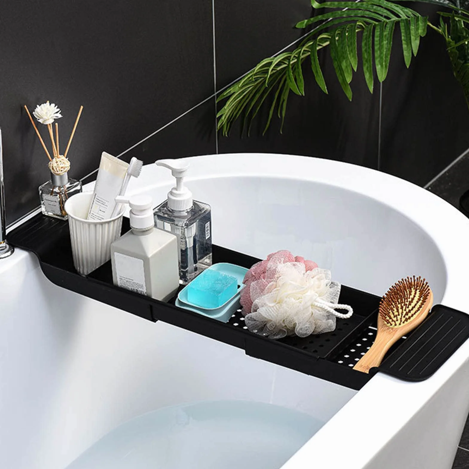 Vassoio per Vasca in Plastica, Design Drenante Retrattile Indossabile e Durevole Porta Vasca da Bagno Piccolo e Compatto Traspirante per Gel Doccia, Asciugamani, Bicchieri, Fiori da Bagno(Nero)