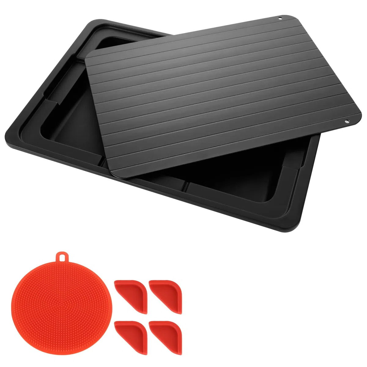 ASelected Vassoio per scongelamento 295 x 205 x 2 mm, piastra di sbrinamento in alluminio, piastra di scongelamento rapido (con angolo in silicone, spazzola rotonda in silicone, vassoio antigoccia