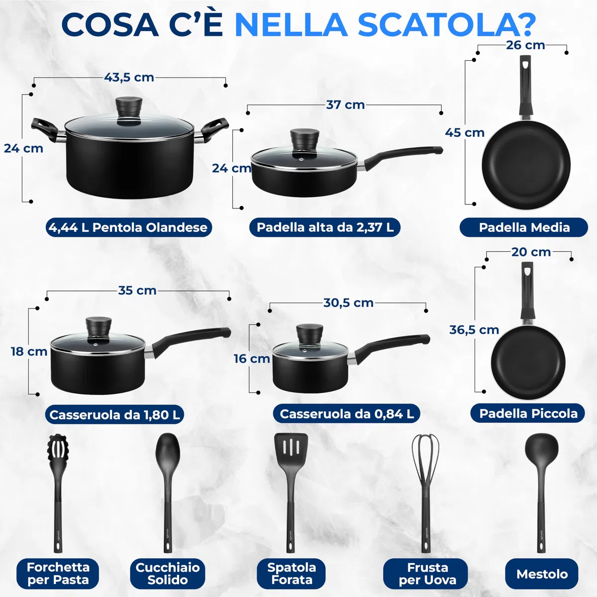 SereneLife Pentole e Padelle Set Cucina 15 Pezzi, Rivestimento Antiaderente Senza PFOA/PFOS, Smalto Resistente al Calore, Manici in Bachelite, Nero