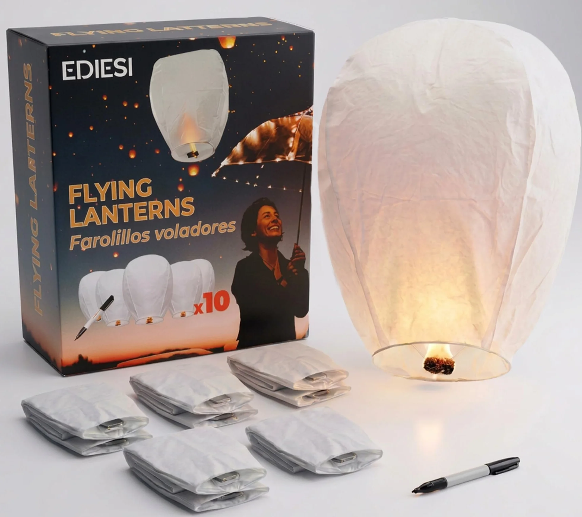 Ediesi, Lanterne Cinesi Volanti, 10 Pezzi, 100% Biodegradabile, di Carta, Bianco, Sky Lanterns, con un Pennarello per Scrivere i Desideri